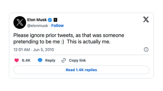 Tangkapan layar TweetDelete dari tweet pertama Elon Musk di Twitter.