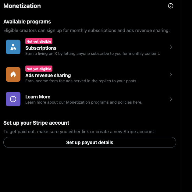Tangkapan layar TweetDelete dari halaman pengaturan monetisasi di X.

