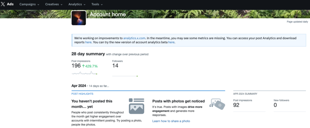 Tangkapan layar TweetDelete dari dasbor X Analytics pengguna dengan metrik tayangan pos.
