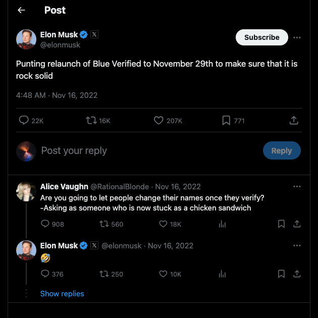 Tangkapan layar TweetDelete dari tweet Elon Musk tentang peluncuran kembali langganan Twitter Blue.
