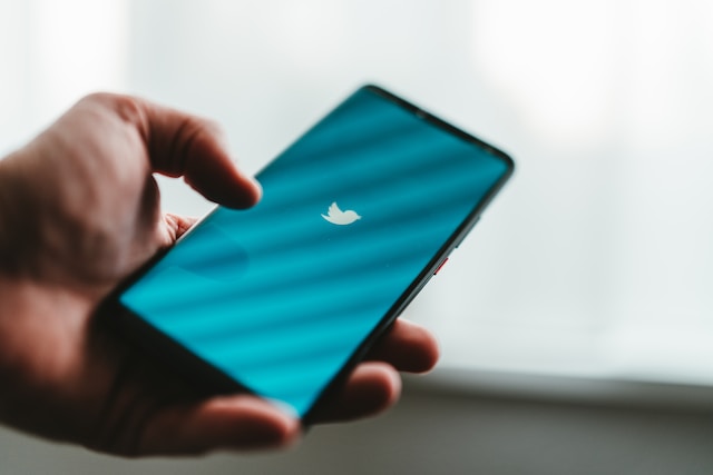 Una fotografia di una persona che tiene in mano uno smartphone con la schermata blu di benvenuto di Twitter.

