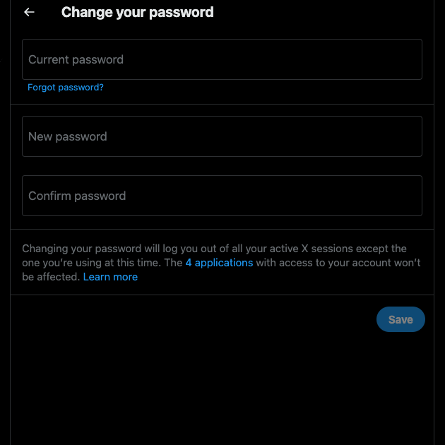 Schermata di TweetDelete di un utente che reimposta la propria password dalla pagina delle impostazioni.