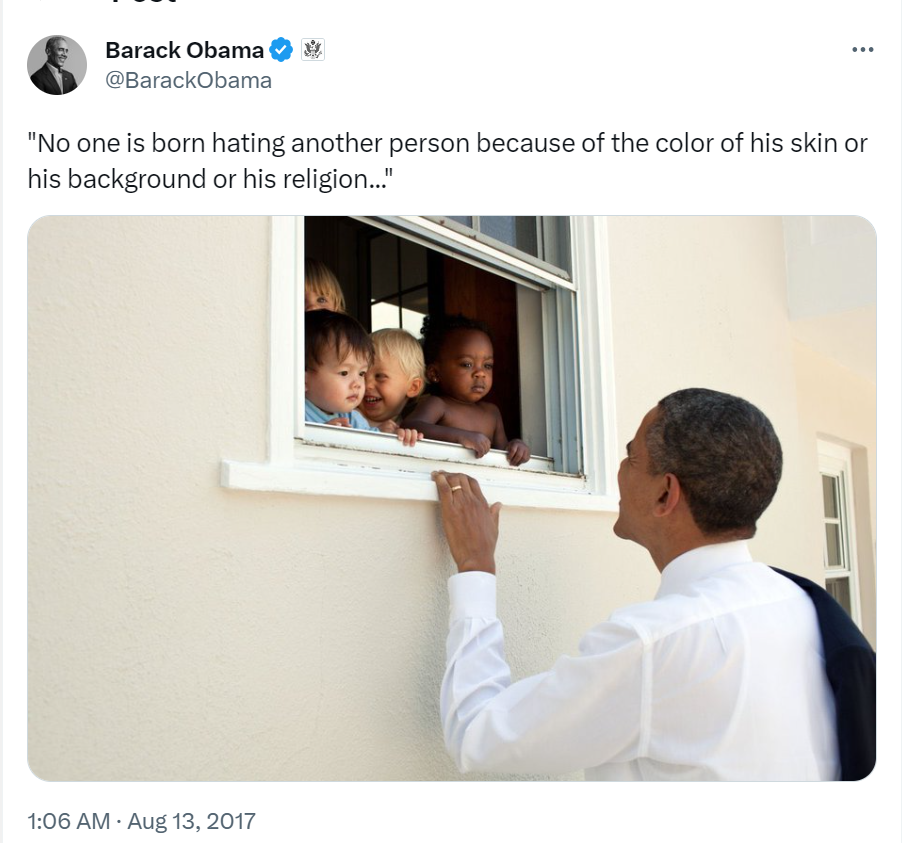 Screenshot di TweetDelete del tweet di Barack Obama con una citazione motivazionale per crescere i figli senza discriminazioni.