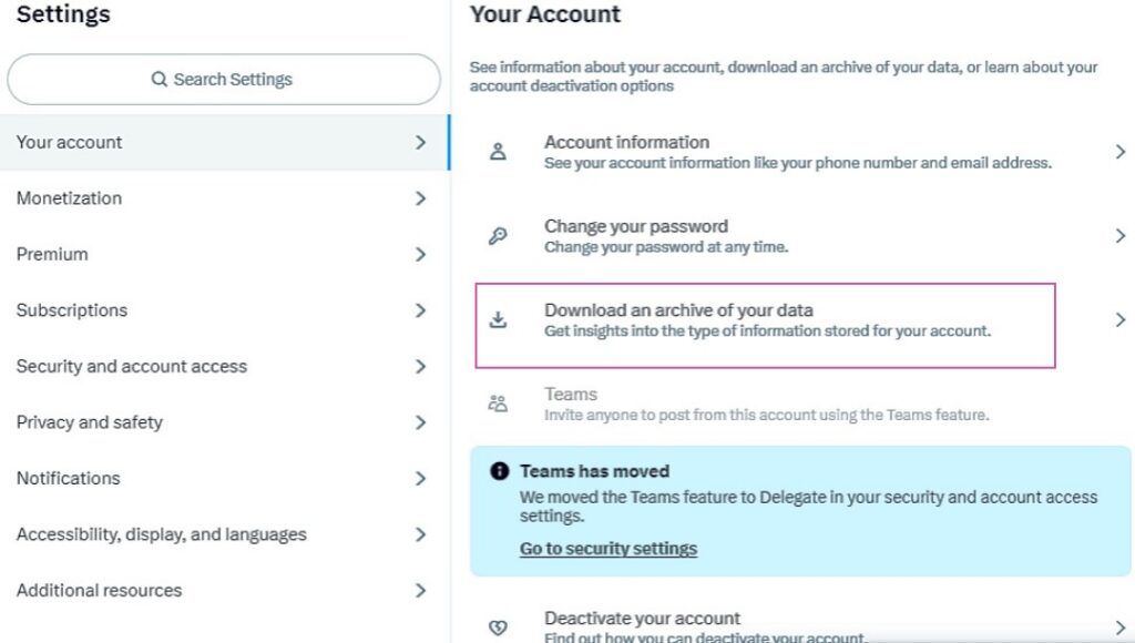 Schermata di TweetDelete della pagina dell'account con l'opzione "Scarica un archivio dei tuoi dati" evidenziata.