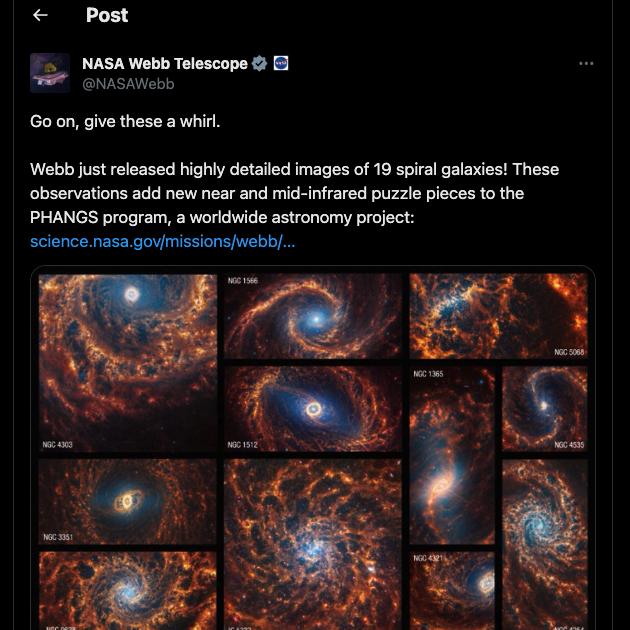 TweetSchermo di un post con diverse immagini di galassie a spirale catturate dal James Webb Telescope della NASA. 
