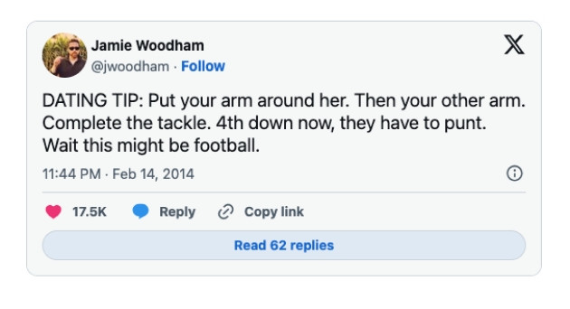 Screenshot di TweetDelete di un post divertente di un utente di Twitter sui consigli per gli appuntamenti e sul calcio.