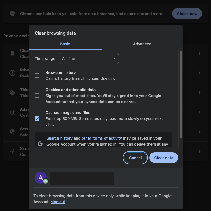 ブラウザのキャッシュを削除するためのGoogle Chromeのダッシュボードのスクリーンショット。