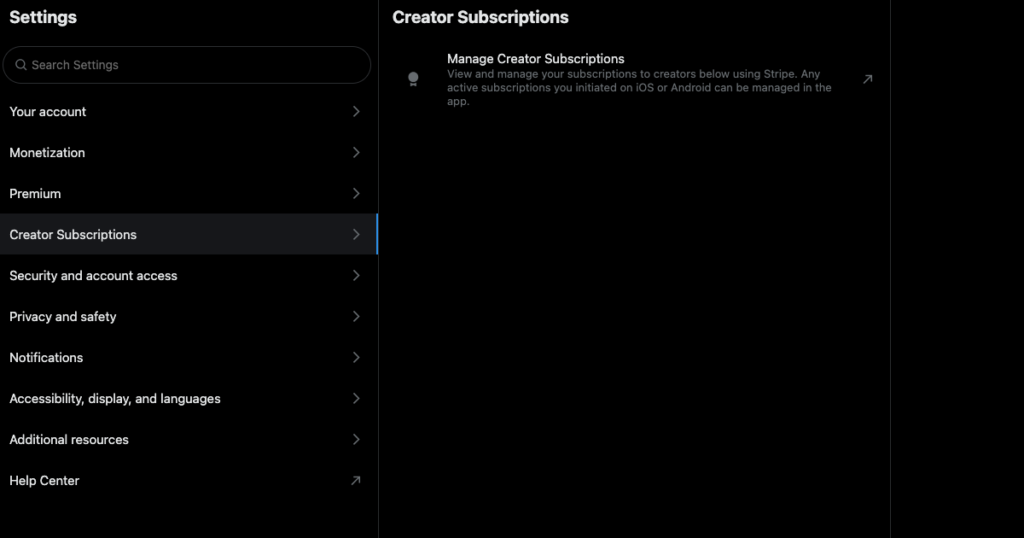 TweetDeleteの「X」の「Creator Subscriptions」設定画面のスクリーンショット。
