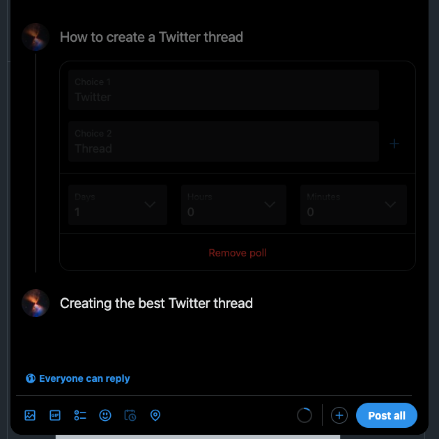 TweetDeleteがXのポストコンポーザーを使ってスレッドを作成するスクリーンショット。
