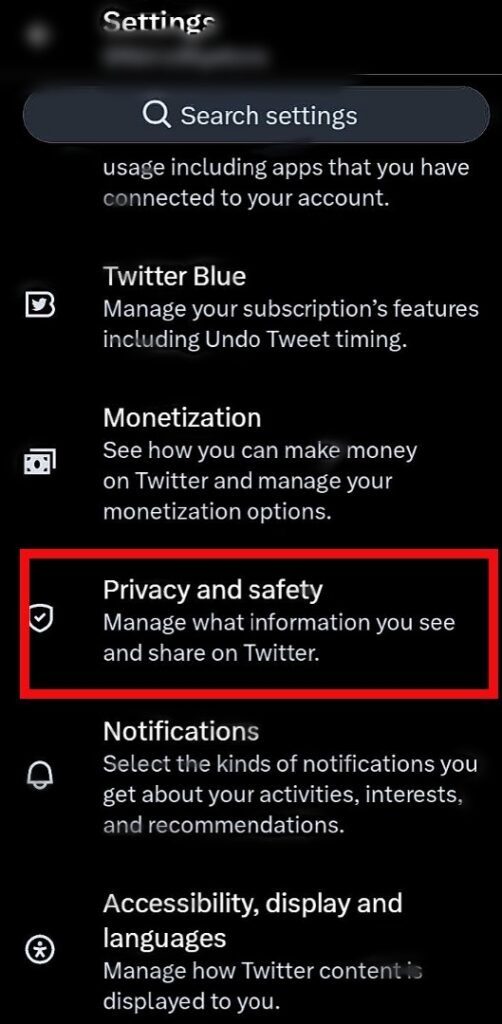 X 모바일 앱에서 트윗삭제의 검색 가능성 및 연락처 옵션이 강조 표시된 스크린샷입니다.