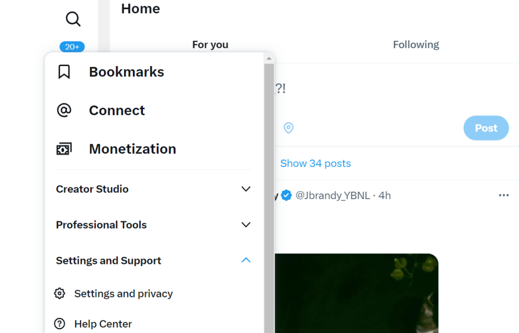 트위터 웹사이트에 있는 트윗삭제의 설정 및 개인정보 보호 메뉴 스크린샷.