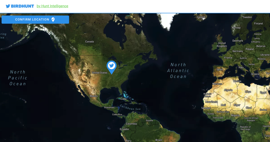 지리적 위치를 통해 트윗을 찾을 수 있는 BirdHunt 웹사이트의 트윗삭제 스크린샷입니다.
