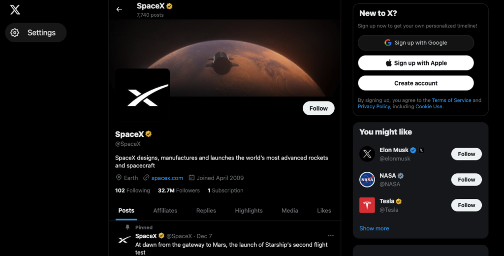X에서 계정 없이 SpaceX의 프로필을 체크 아웃하는 사용자의 트윗삭제 스크린샷.