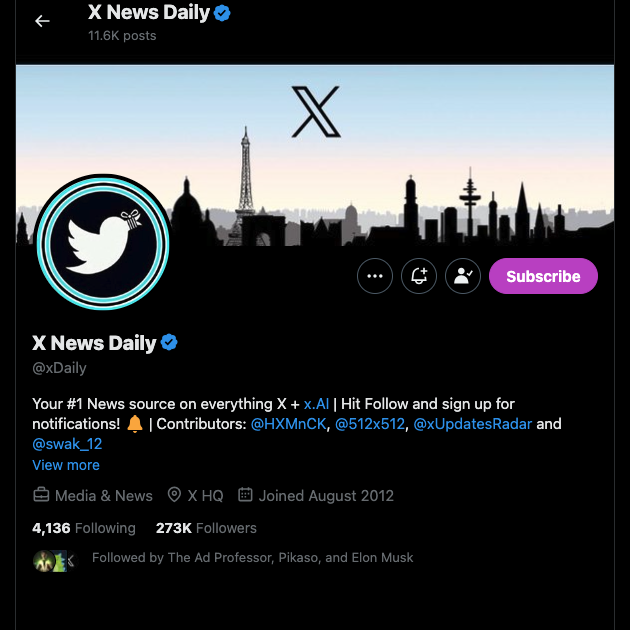 트위터에서 X 뉴스 데일리의 프로필 페이지를 트윗삭제한 스크린샷입니다.
