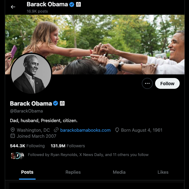 버락 오바마 대통령의 트위터 계정 스크린샷.
