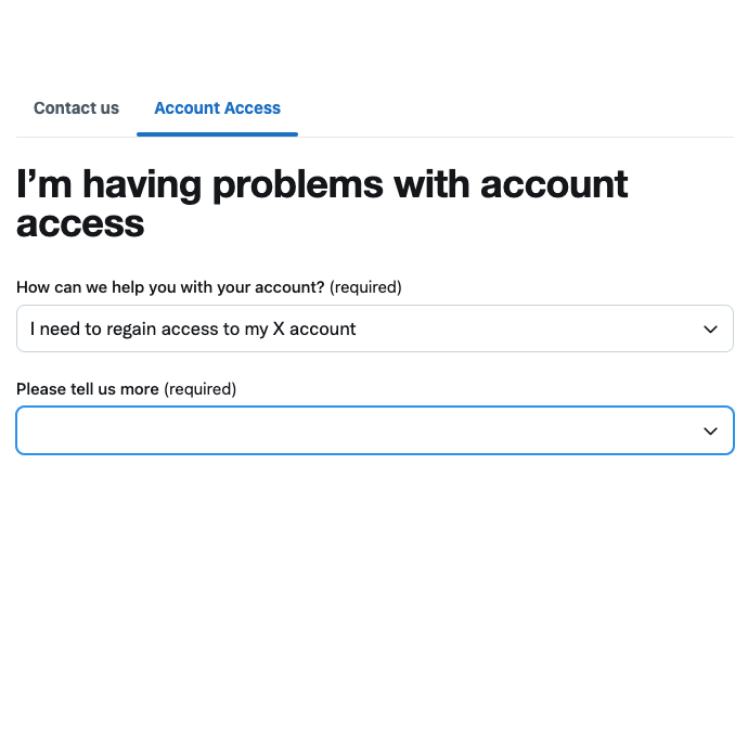 Iemand die geen toegang heeft tot zijn account op X, vult een formulier in op Twitter.
