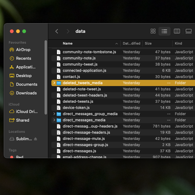 TweetDelete's screenshot van de map met verwijderde tweets in het X Data .zip-bestand.