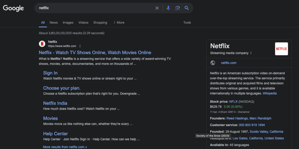 TweetDelete's screenshot van wat er in Google Search verschijnt wanneer iemand zoekt naar Netflix.
