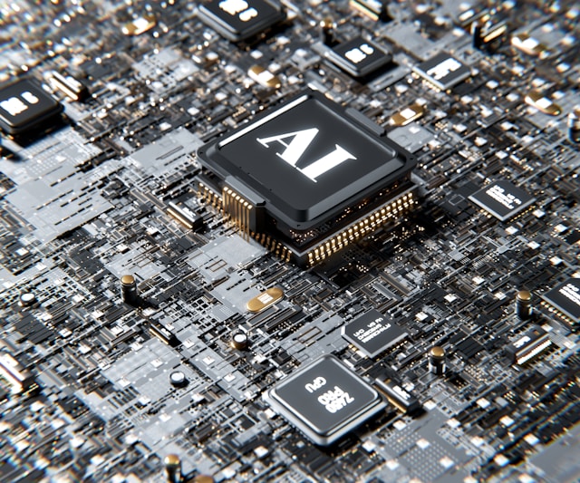 Een close-up van een chip met de tekst "AI" in het wit.
