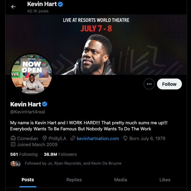A captura de ecrã do TweetDelete de Kevin Hart utiliza o seu nome de utilizador oficial do Twitter para indicar que se trata da conta real.