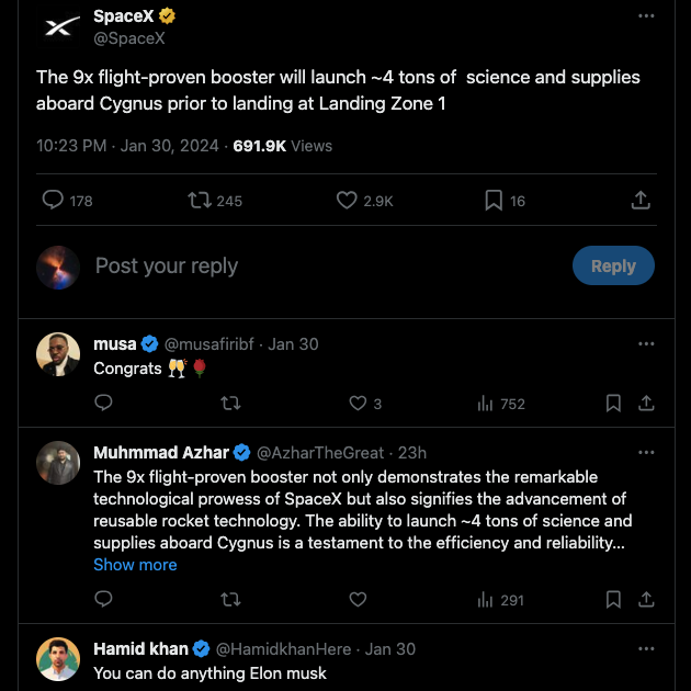 Captura de ecrã do TweetDelete da publicação da SpaceX e das respostas de outros utilizadores no Twitter.
