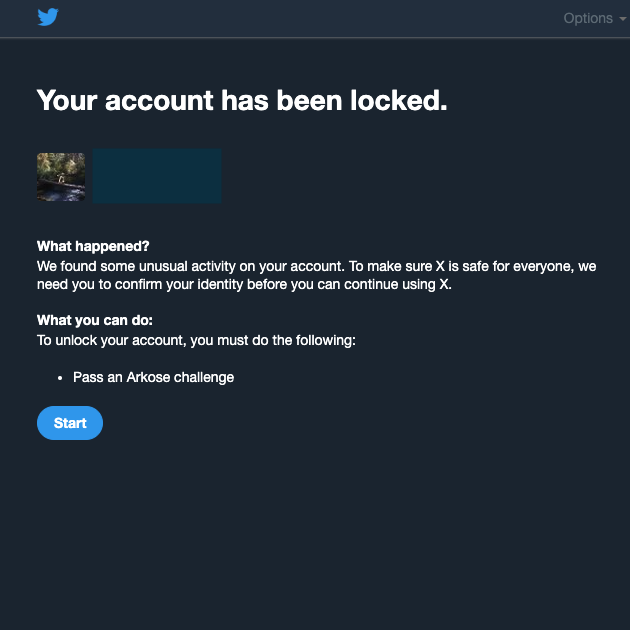 A captura de ecrã do TweetDelete de uma mensagem do Twitter que informa um utilizador sobre a sua conta bloqueada.