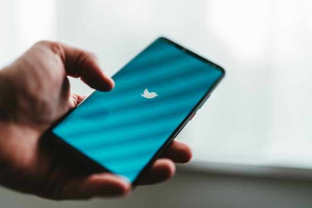 A photograph of a person holding a smartphone with Twitter's blue welcome screen displaying.
