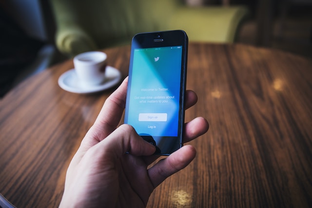 Person holding a Silver iPhone with Twitter open.