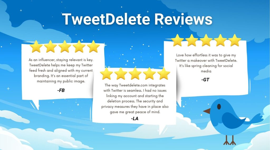 TweetDelete’s graphic of three five-star reviews from its customers.
