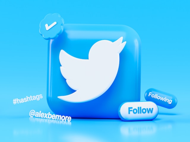 A 3D Twitter icon with a hashtag, username, follow, and blue checkmark.