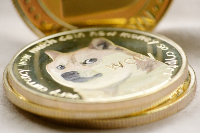A gold coin with the popular internet doge meme.