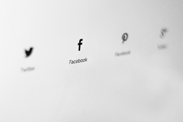 Photo d'un écran affichant les logos de Twitter, Facebook, Pinterest et Google+.