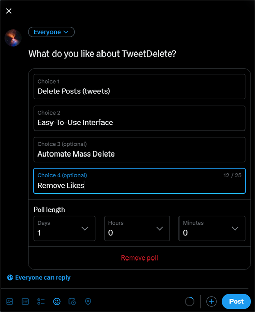 A user using the Twitter Poll feature on the social media network.