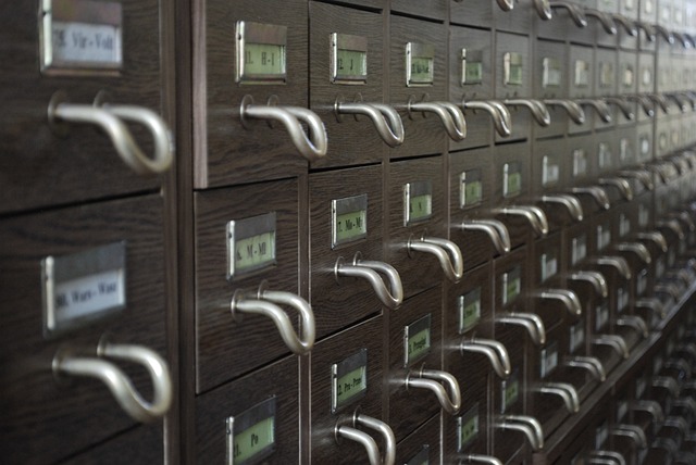 A picture of a traditional library archive with drawers having distinct labels.