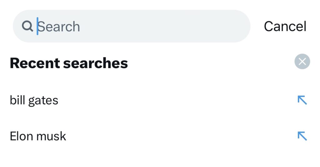 TweetDelete’s screenshot of Twitter mobile with the search bar, recent searches, and the x icon.