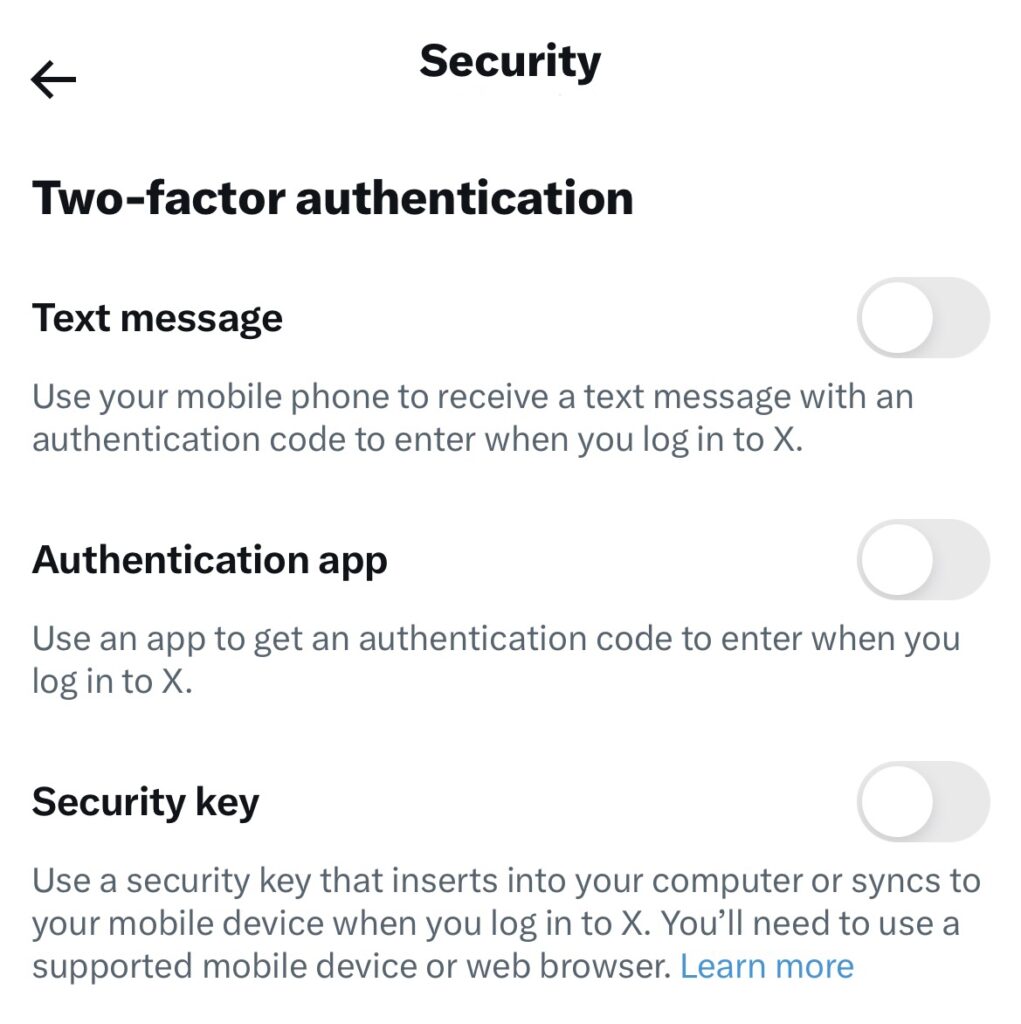 TweetDelete’s screenshot of Twitter’s two-factor authentication methods.