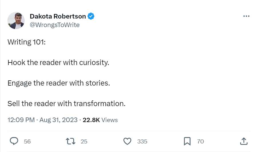 Captura de ecrã do TweetDelete do tweet de Dakota Robertson com uma citação motivacional sobre a escrita.