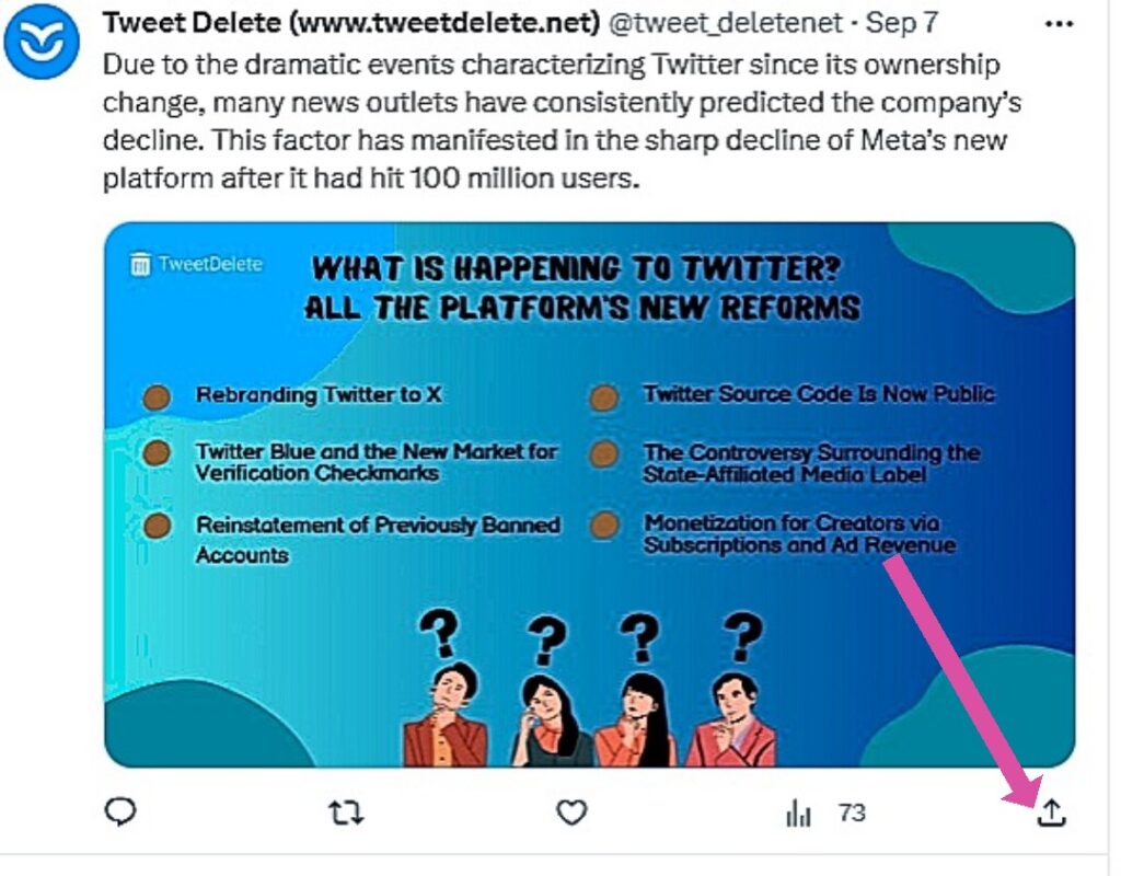 TweetDelete’s screenshot of an arrow pointing to the share icon underneath a tweet.