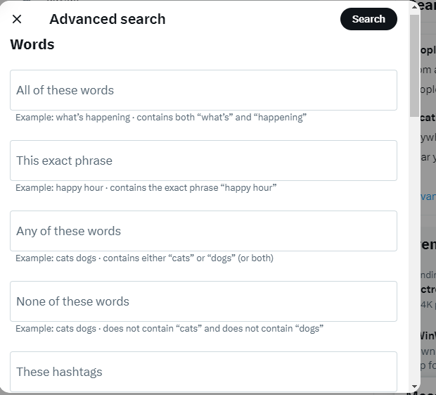 Tangkapan layar TweetDelete dari bagian kata di halaman pencarian lanjutan.