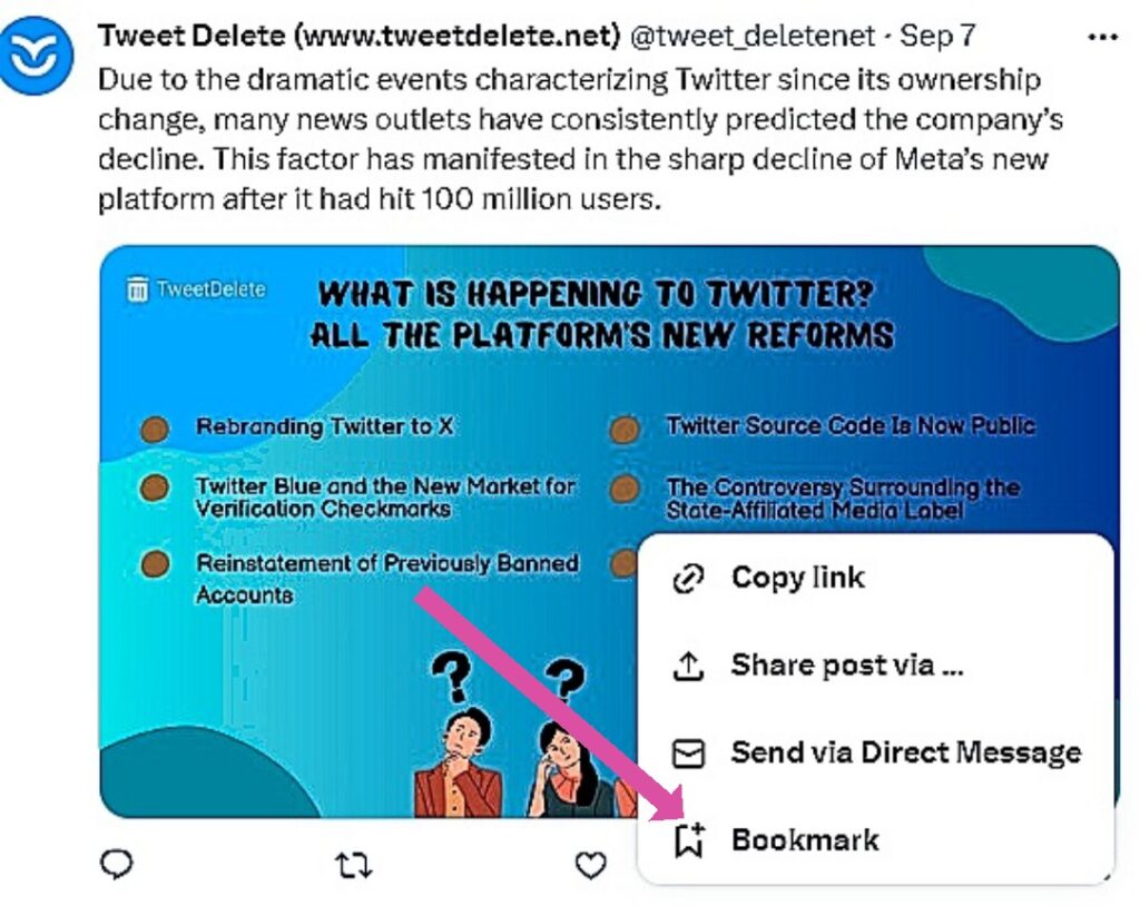 TweetDelete’s screenshot of an arrow pointing to the bookmarks icon on the share menu.