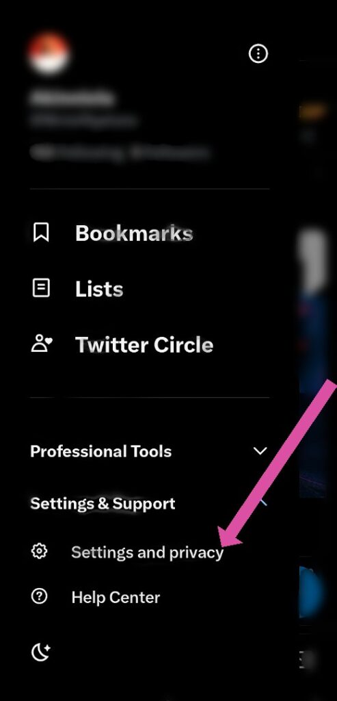 TweetDelete’s screenshot of an arrow pointing to the “Settings and Privacy” option on the profile menu.