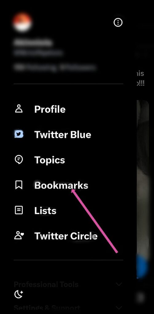 TweetDelete’s screenshot of an arrow pointing to the bookmarks option on the profile menu.