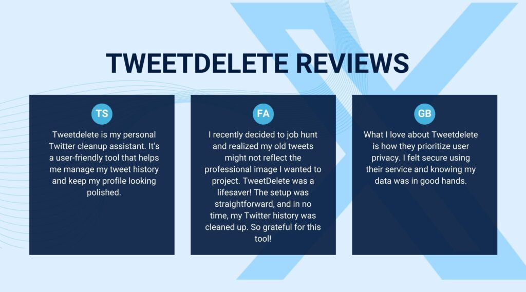 TweetDelete’s graphic of its online reviews featuring three testimonials.