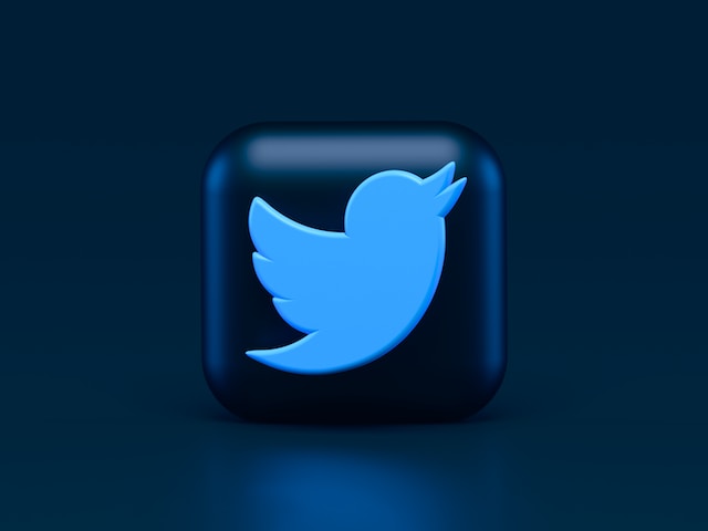 A 3D image of Twitter’s bird image depicted on a dark blue cube. 