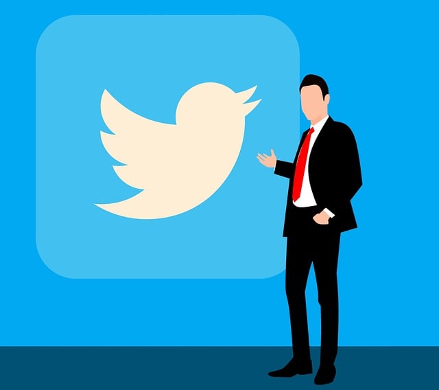 An illustration of a man standing beside and gesturing towards Twitter’s logo.