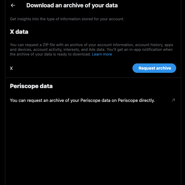 O captură de ecran realizată de TweetDelete a unui utilizator Twitter care folosește platforma pentru a-și descărca arhiva X.