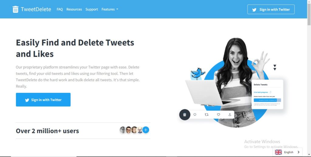 لقطة شاشة TweetDelete للصفحة الرئيسية على موقع TweetDelete لسطح المكتب.