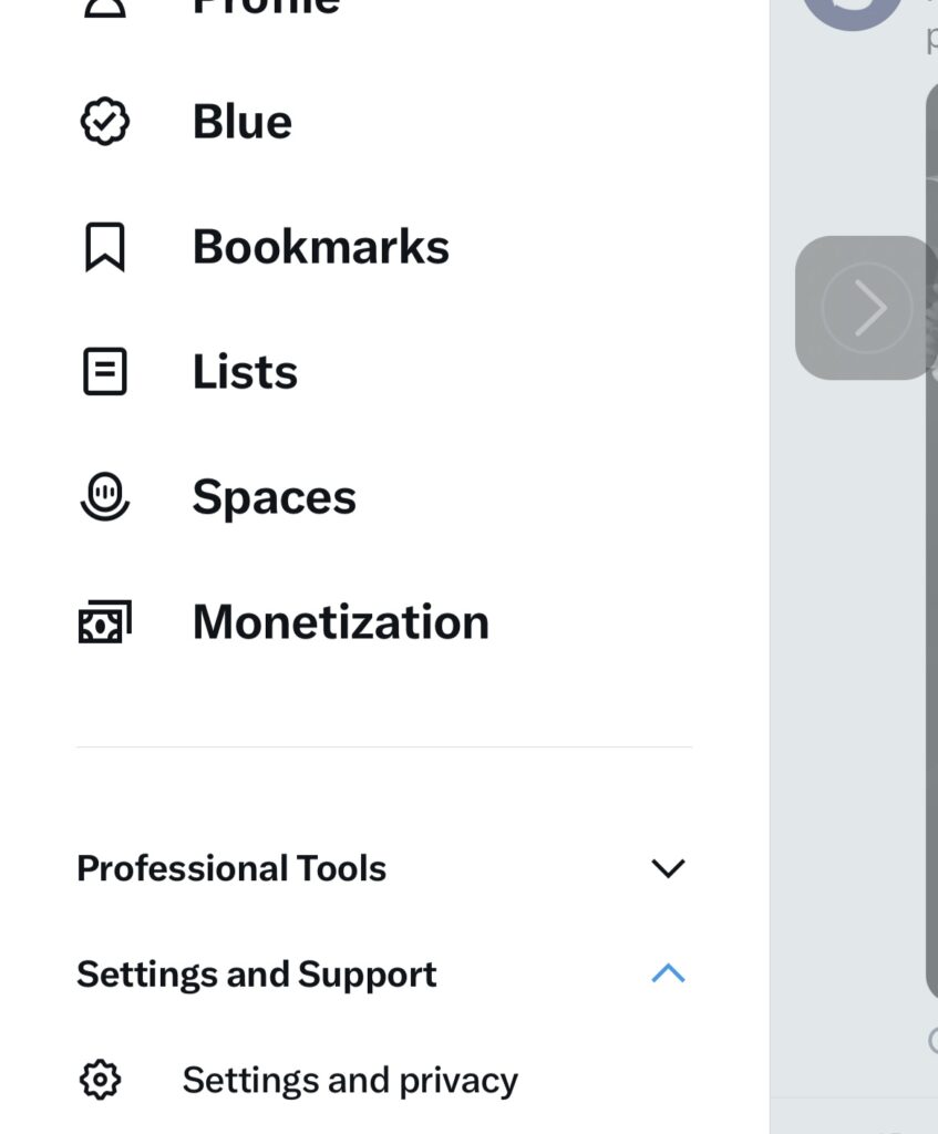 weetDelete’s screenshot of Twitter's side menu showing the options for settings. 