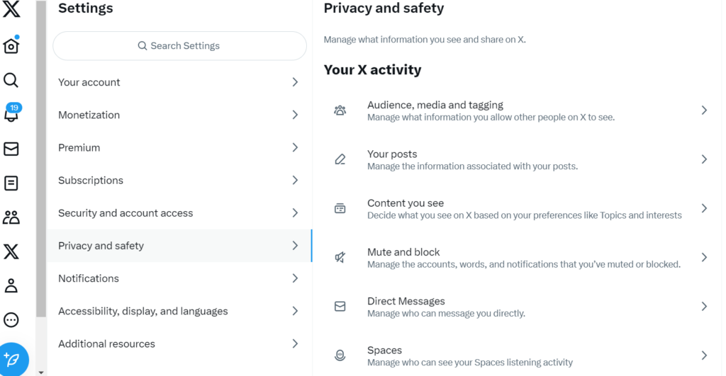 TweetDelete’s screenshot of Twitter web’s privacy and safety tab on the left and its sub-menu on the right.