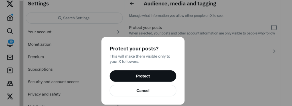 TweetDelete’s screenshot of Twitter’s post protection confirmation box.